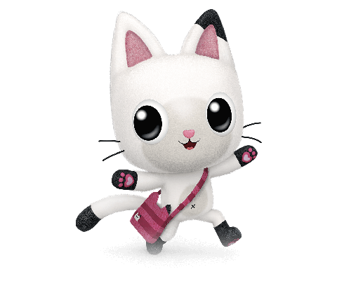 Pandy Paws 黑白猫，背着粉红色斜挎包并张开双臂